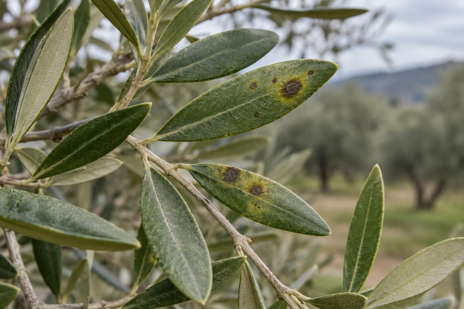 Hojas de olivo con manchas circulares oscuras y halo amarillento, síntomas posibles de repilo