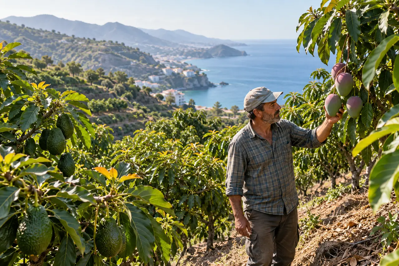 Agricultor observa mangos en una explotación subtropical de la Costa Tropical de Granada