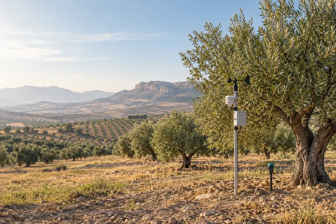 Imagen ilustrativa de un olivar del Altiplano de Granada con una estación agroclimática y un sensor de suelo
