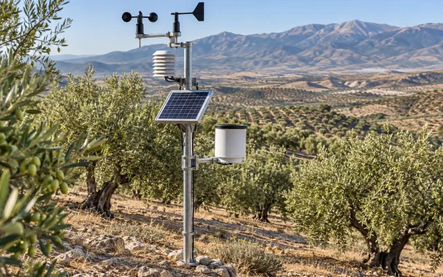 Estación agroclimática instalada entre olivos en el Altiplano de Granada