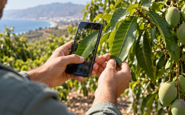 Agricultor toma una fotografía de una hoja de mango para revisarla con el móvil