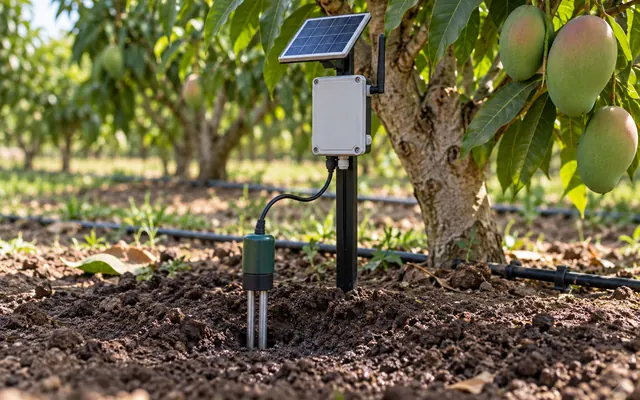 Sensor conectado de humedad insertado en el suelo de un cultivo de mango
